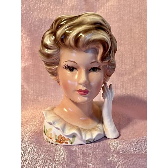 VINTAGE 1964 RELPO 5543 A LADY HEAD VASE LONG EYE LASHES RUFFLED COLLAR - Picture 7 of 9